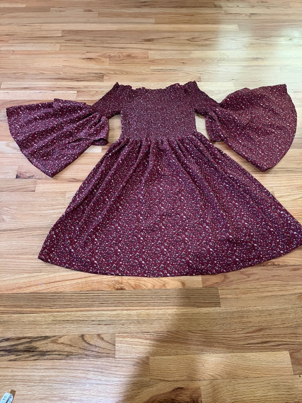 SHEIN Burgundy Floral Off-Shoulder Midi Dress with Bell Sleeves